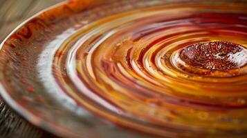 A serving platter with a layered glaze effect showcasing shades of red orange and yellow resembling the texture of a swirling fire. photo