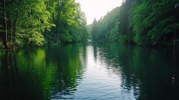 A serene lake surrounded by lush green trees offering a peaceful escape from the stresses of everyday life photo