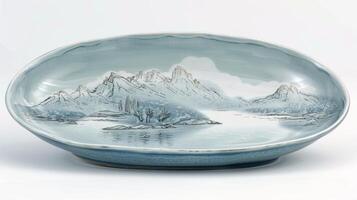 un ligero azul plato con un dibujado a mano bajo vidriado escena de un montaña rango y un tranquilo lago. foto
