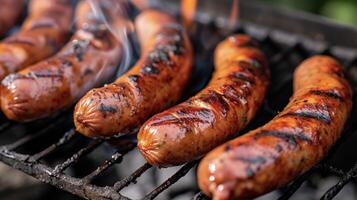 Mouthwatering sausages grilling to a golden brown the charred and crispy edges adding an irresistible crunch to each bite photo