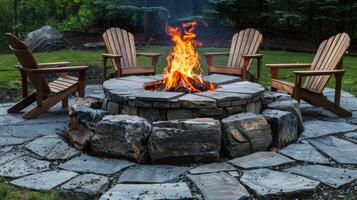 A rustic stone fire pit surrounded by rustic wooden chairs giving off a charming and rustic vibe. 2d flat cartoon photo