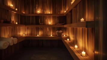 un tenuemente iluminado sauna habitación con pequeño velas parpadeando en el estantería y paredes ajuste un calmante ambiente para un libre de estrés retiro. foto
