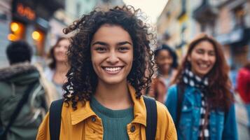 sonriente Participantes caminando mediante un de moda y vibrante ciudad calle guiado por el excursión líder foto