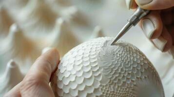 Tiny tools delicately carving intricate patterns into a thin eggshelllike piece of porcelain. photo