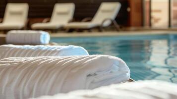 Plush oversized loungers beckon you to take a dip in the smooth crystalclear waters of the indoor swimming pool. photo