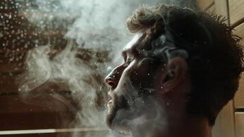 A person using the sauna to help relieve their seasonal allergies and sinus congestion finding the steam to be a natural remedy for their symptoms. photo