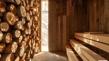 un a leña sauna ese fuentes sus madera desde sustentablemente administrado bosques promoviendo responsable y Respetuoso del medio ambiente practicas foto