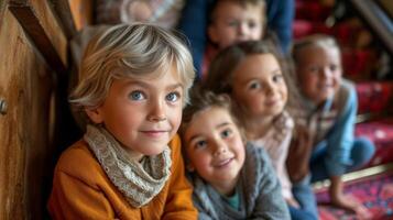 A group of grandchildren eagerly waiting for their grandparent to join them upstairs with a stair lift providing a safe and easy way to do so photo