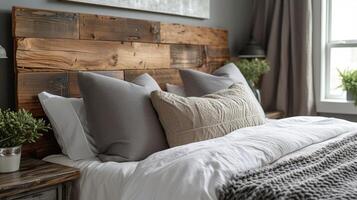 A closeup of a reclaimed wood headboard featuring varying shades of wood and an aged patina that adds character to the bedroom photo