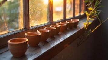 A set of clay votive holders p along a windowsill catching the last rays of sunlight as the day comes to an end. photo