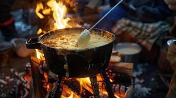 A pot of cheesy bubbling fondue is p in the center of the fire enticing everyone to gather around and dip in photo