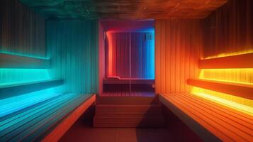 The sauna room gradually changing colors from warm oranges and reds to calming blues and greens. photo