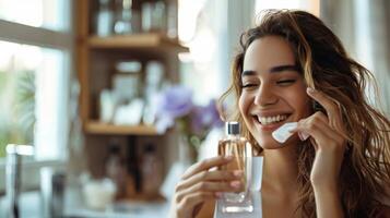 un mujer olfateando un papel secante papel participación su recién creado perfume con un satisfecho sonrisa en su cara foto