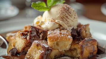 A decadent bread pudding studded with chunks of chocolate and served with a scoop of velvety vanilla ice cream photo