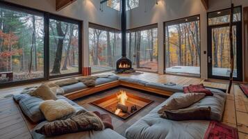 This sunken living room with a central fire is the perfect spot to curl up with a book on a chilly day. 2d flat cartoon photo