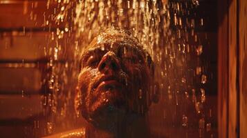 A depiction of a person sitting inside the sauna with sweat dripping down their face. photo