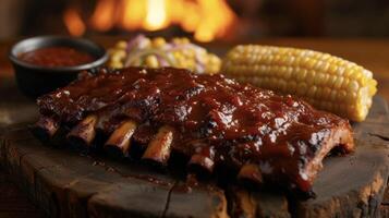 Smoky tender ribs slathered in a sticky fingerlicking BBQ sauce served with a side of ery corn on the cob and creamy mac and cheese. The crackling fire in the background add photo