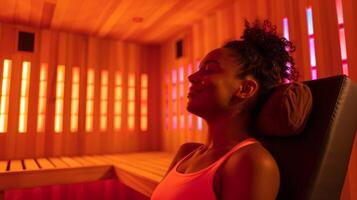 A person enjoying a refreshing postworkout session in an infrared sauna using the heat to soothe sore muscles and speed up recovery time. photo