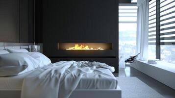 un pulcro minimalista dormitorio con un maravilloso montado en la pared bioetanol hogar agregando ambos calor y ambiente a el espacio. 2d plano dibujos animados foto