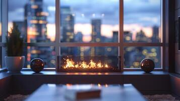 Tall windows frame the fireplace providing a stunning view of the city skyline beyond. 2d flat cartoon photo