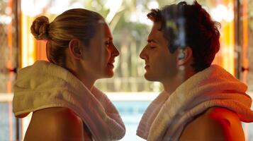 un Pareja frente a cada otro con toallas alrededor su cuellos tomando el sol en el revitalizante calor de el al aire libre infrarrojo sauna. foto