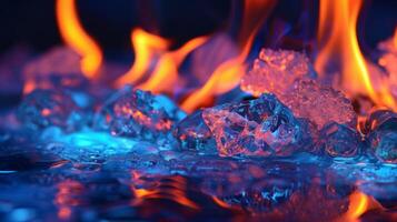 The mesmerizing dance of colors as the flames from the fire pit reflect off the crystalclear ice. 2d flat cartoon photo