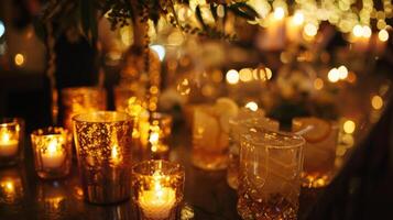 el velas emitir un romántico resplandor en el hermosamente hecho a mano bebidas siendo servido. 2d plano dibujos animados foto