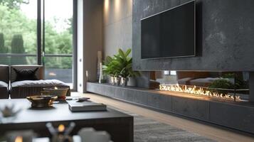 The sleek and minimalist design of the fireplace seamlessly blends in with the rest of the room adding a touch of luxury. 2d flat cartoon photo