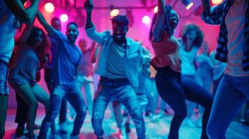 A group of people playing a game of danceoff in the center of the room cheered on by the rest of the partygoers photo