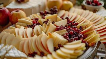 un hermosamente curado untado con un mezcla de difícil y suave quesos tal como ahumado gouda triple crema queso Brie y Envejecido Gruyère adornado con rebanadas de tarta manzanas y dulce seco arándanos foto