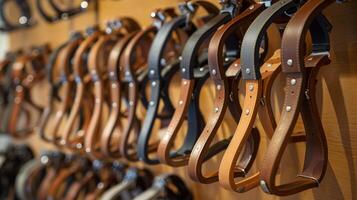 A display of different types of stirrups including traditional wooden and modern aluminum options photo