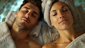 A couple enjoying a relaxing couples massage dd in plush spa robes and swathed in soft spa towels. photo
