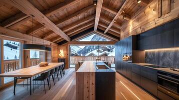 The fire illuminates the wooden ceiling beams and creates a warm inviting atmosphere in the otherwise sleek and minimalist ski chalet. 2d flat cartoon photo