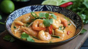 A mouthwatering bowl of y Thai curry featuring tender shrimp and crisp vegetables all coated in a creamy and y sauce. The combination of heat and creaminess creates a symphon photo