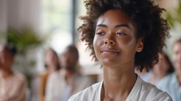 A guided meditation session led by a mindfulness coach helping participants connect with their inner selves and find inner peace photo