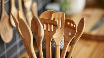A set of functional yet stylish utensils made of sustainable bamboo adding a touch of ecofriendly flair to the kitchen photo