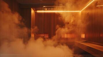 Steam rising from the infrared sauna while a of diffusers disperses fragrant scents throughout the room. photo