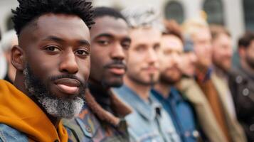 un grupo de hombres de variar siglos y antecedentes reunido para un Moda espectáculo presentando diverso y inclusivo mira celebrando el belleza de diversidad foto