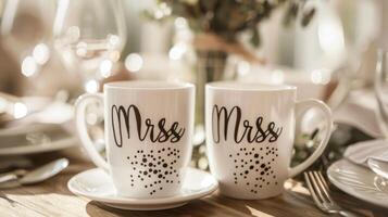 A pair of mugs with the words Mr. and Mrs. handpainted in elegant calligraphy serve as a sweet gift for the newlyweds at a DIY wedding. photo