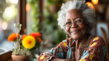 A retiree sitting at a table smiling as they enjoy a warm and nutritious slice of zucchini bread made with whole wheat flour and freshly grated vegetables photo