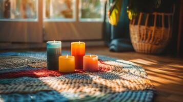 The play of light and shadows from brightly colored candles p on a woven rug creating a cozy reading nook. 2d flat cartoon photo