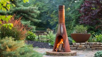 The crackling fire contained within the tall and slender chiminea creates a cozy gathering place for family and friends. 2d flat cartoon photo