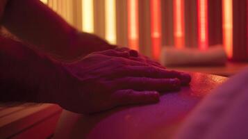 A persons fingers gently rub at a sore spot on their back as they sit in the infrared sauna. photo