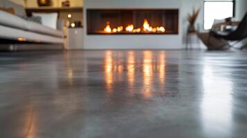 The smooth concrete flooring reflects the warmth of the fire adding a touch of industrial charm to the space. 2d flat cartoon photo