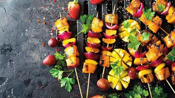 A photo of a portable grill with vibrant skewers of tropical fruits and kabobs along with a tip on how to create a portable and tasty fruit salad