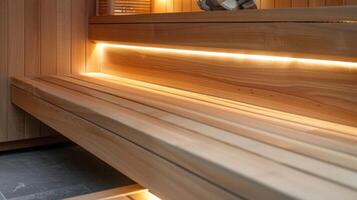 un pequeño sauna oasis completar con de madera bancos y calentar ambiente Encendiendo. foto