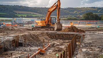 el ruidoso rugido de el excavadoras motor reverbera mediante el sitio como eso incansablemente alojamiento mediante el suelo foto