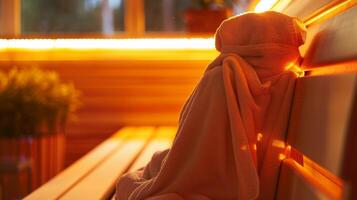 Sitting comfortably on a bench wrapped in a soft towel as the infrared rays begin to trate the skin and promote sweat. photo