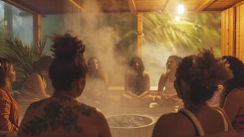 The soothing scent of eucalyptus permeates the air as a group of mothers gather in the sauna sharing stories and supporting each other through the postpartum phase. photo