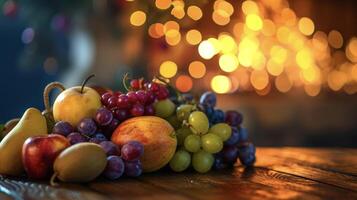 A rustic fireplace serves as the background for a picturesque fruit display featuring a variety of colorful and delicious fruits perfect for nibbling on during a cozy evenin photo